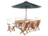 Outdoor Dining Set Light Acacia Wood with Off-White Cushions 8 Seater Table Folding Chairs Dark Grey Umbrella Beliani