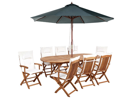 Outdoor Dining Set Light Acacia Wood with Off-White Cushions 8 Seater Table Folding Chairs Dark Grey Umbrella Beliani