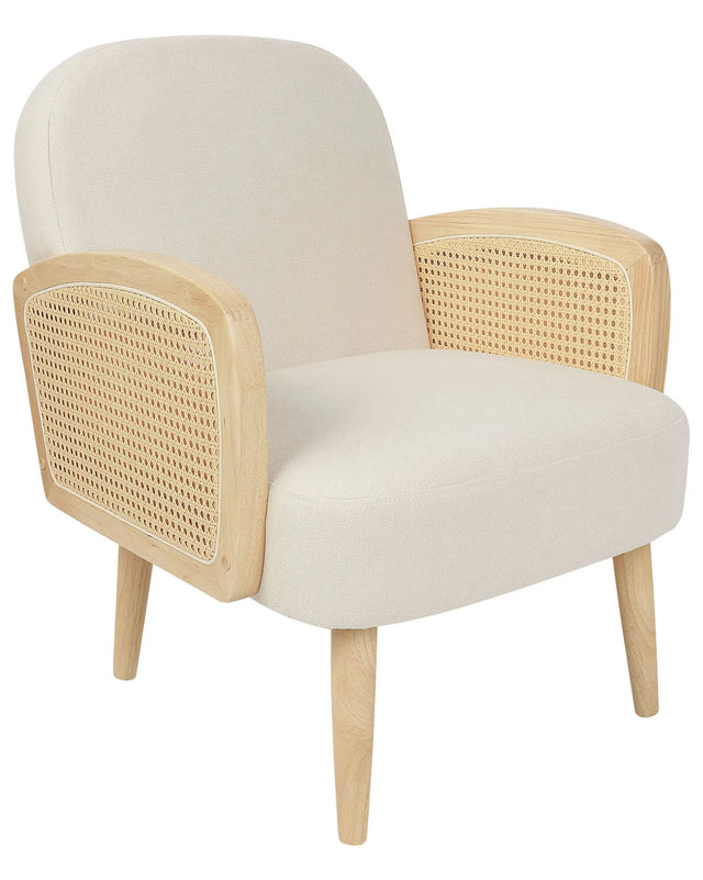 Armchair Light Beige Polyester Light Wooden Frame with Rattan Braid Wooden Legs Traditional Style Living Room Bedroom Beliani