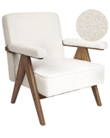 Armchair White Polyester Fabric Boucle Upholstery Retro Design Wooden Frame Armrests Living Room Beliani