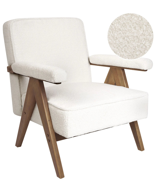 Armchair White Polyester Fabric Boucle Upholstery Retro Design Wooden Frame Armrests Living Room Beliani