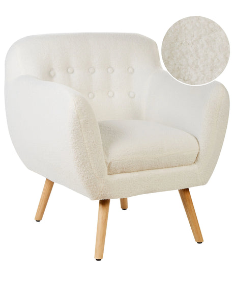 Armchair White Boucle Fabric Upholstery Buttoned Retro Club Chair Retro Style Beliani