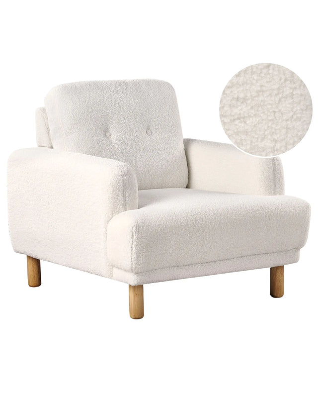 Armchair White Boucle Fabric Wooden Legs Retro Minimalistic Living Room Furniture Beliani