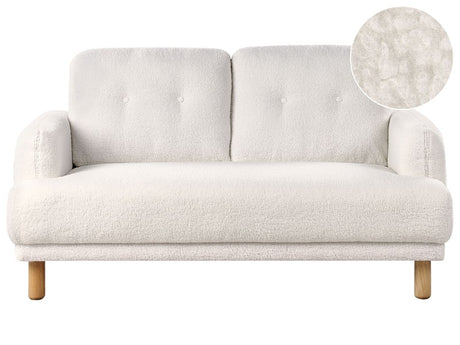 2 Seater Sofa White Boucle Fabric Wooden Legs Loveseat Couch Retro Minimalistic Living Room Furniture Beliani