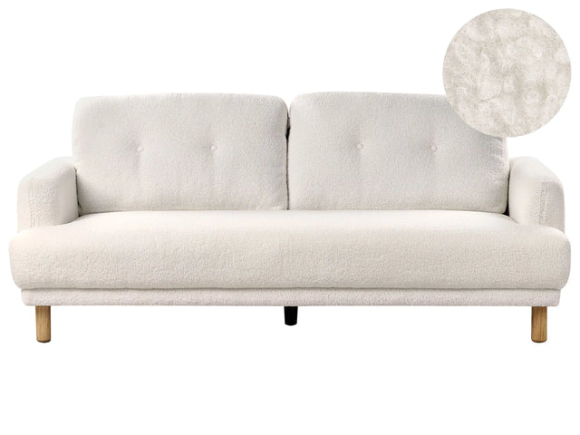 3 Seater Sofa White Boucle Fabric Wooden Legs Loveseat Couch Retro Minimalistic Living Room Furniture Beliani