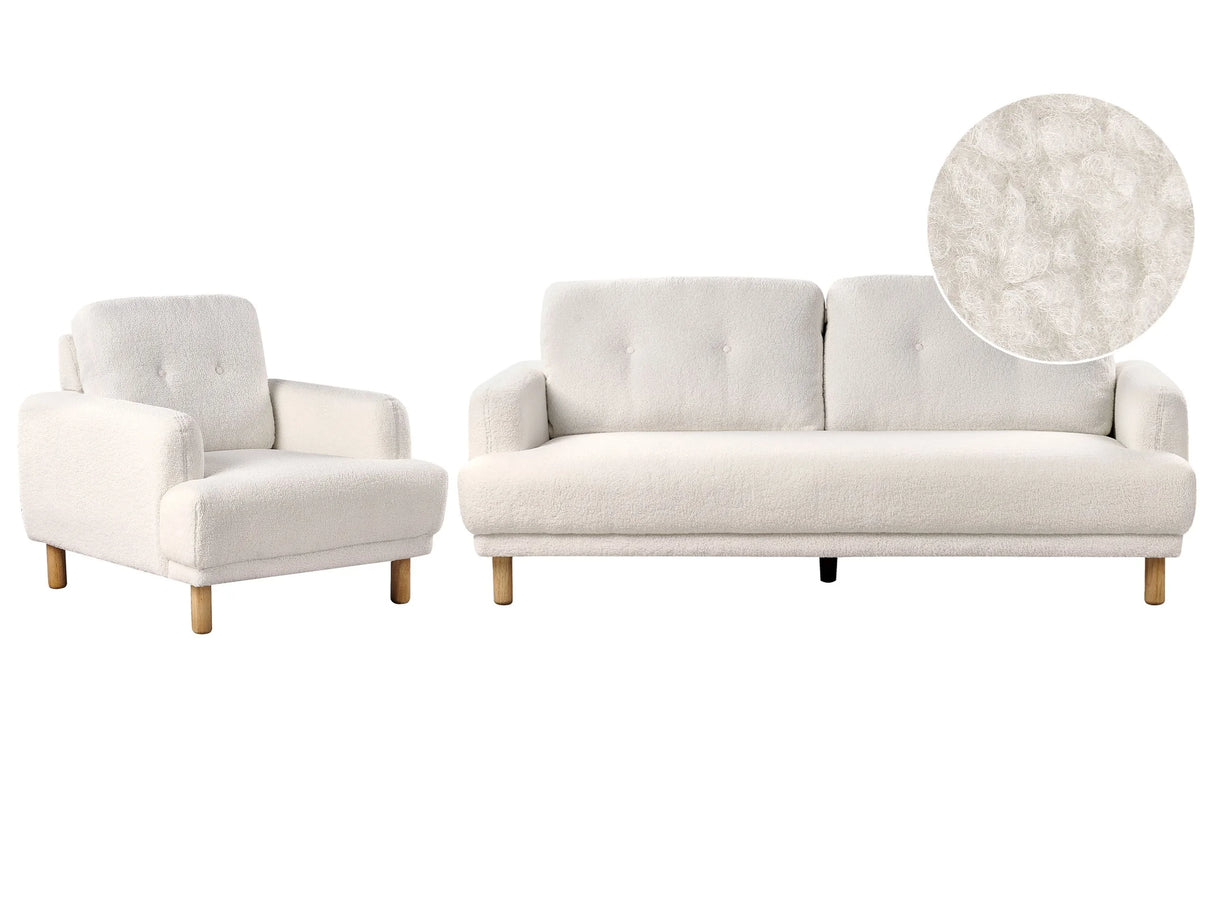 Living Room Set 3 Seater Sofa Armchair White Boucle Fabric Wooden Legs Loveseat Couch Retro Minimalistic Living Room Furniture Beliani