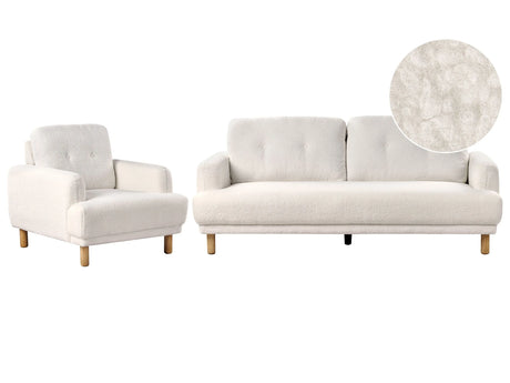 Living Room Set 3 Seater Sofa Armchair White Boucle Fabric Wooden Legs Loveseat Couch Retro Minimalistic Living Room Furniture Beliani
