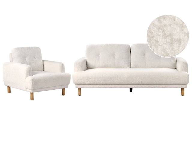 Living Room Set 3 Seater Sofa Armchair White Boucle Fabric Wooden Legs Loveseat Couch Retro Minimalistic Living Room Furniture Beliani