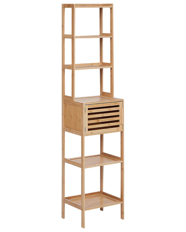 Bathroom Shelving Unit  Bamboo Light Brown Bathroom Storage 6 Shelves 1 Door Beliani