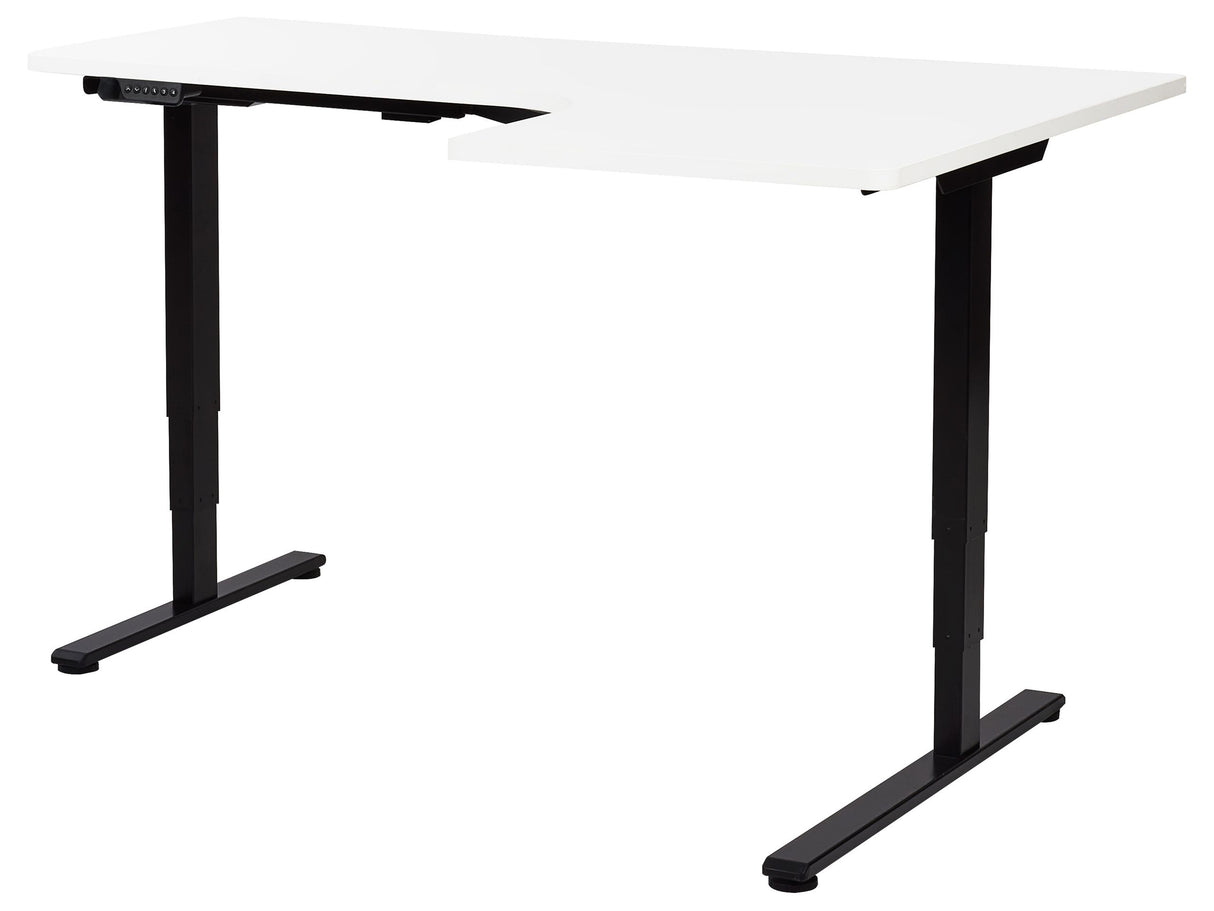 Electrically Adjustable Right Corner Desk White Tabletop Black Steel Frame 160 x 59 cm Sit and Stand L-Shaped Modern Design Beliani