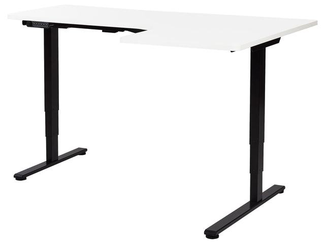 Electrically Adjustable Right Corner Desk White Tabletop Black Steel Frame 160 x 59 cm Sit and Stand L-Shaped Modern Design Beliani