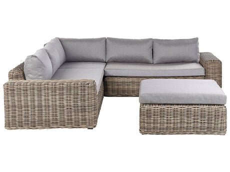 Garden Conversation Set Light Brown Wicker PE Rattan Corner Sofa Modular with Ottoman Grey Cushions Outdoor Beliani