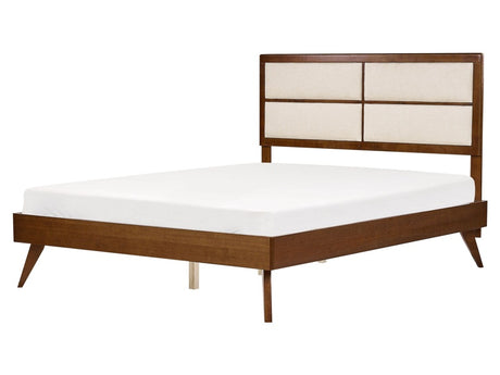 EU King Size Bed Dark Wood and Light Beige MDF 5ft3 Frame with Slatted Base Upholstered Headboard Modern Design Beliani