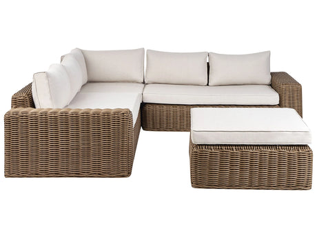 Garden Conversation Set Brown Wicker PE Rattan Corner Sofa Modular with Ottoman Off-White Cushions Outdoor Beliani