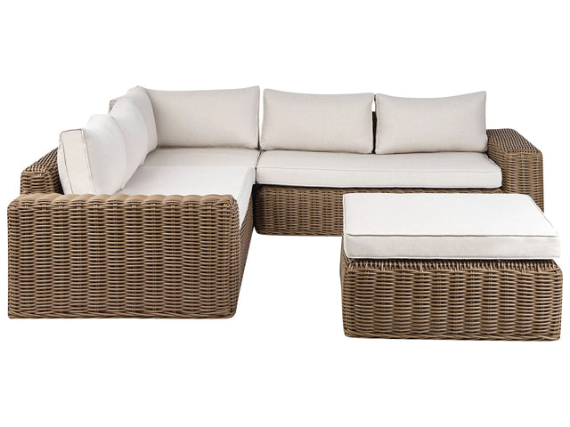 Garden Conversation Set Brown Wicker PE Rattan Corner Sofa Modular with Ottoman Off-White Cushions Outdoor Beliani