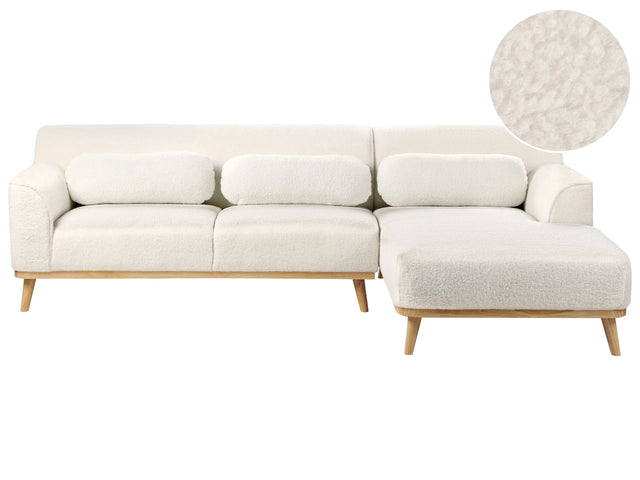 Left Corner Sofa White Boucle Upholstered Finished Back Wooden Legs Beliani