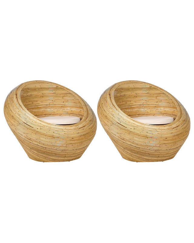 Set of 2 Garden Armchairs Natural Rattan with Seat Cushions Beige Indoor Outdoor Boho Style Beliani