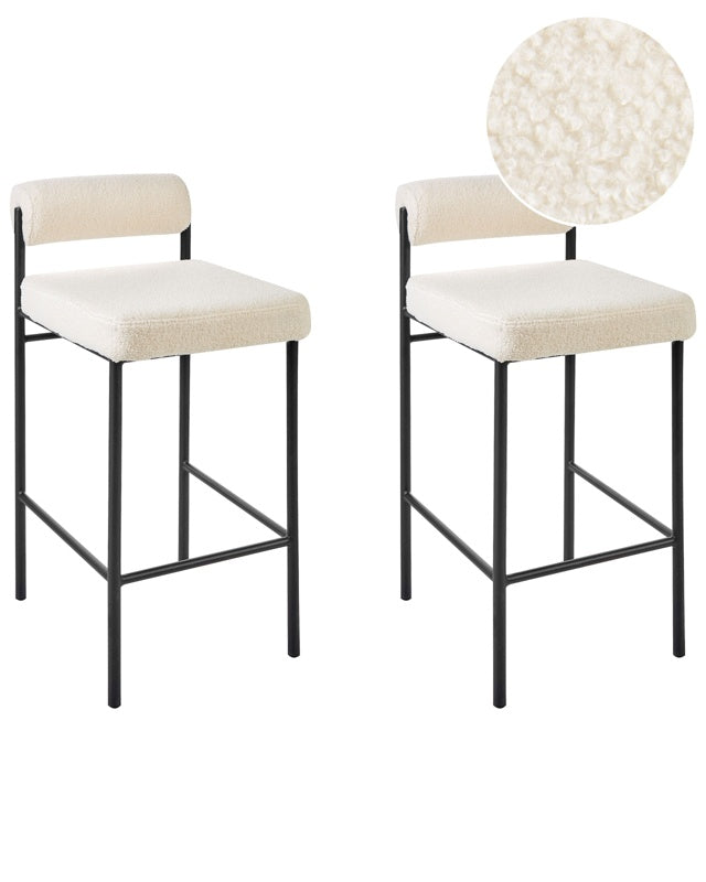 Set of 2 Bar Chairs White Polyester Boucle Upholstery Black Metal Legs Armless Stools Roll Backrest Modern Dining Room Kitchen Beliani