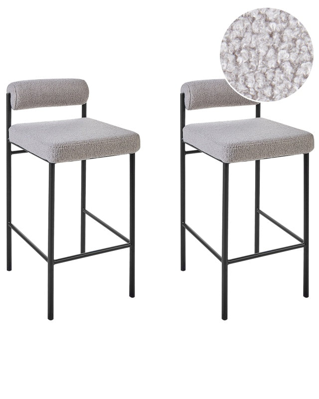 Set of 2 Bar Chairs Grey Polyester Boucle Upholstery Black Metal Legs Armless Stools Roll Backrest Modern Dining Room Kitchen Beliani