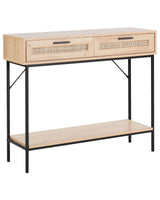 Console Table Light Wood Rattan 100 x 29 cm with Shelf and Drawers Traditional Design Living Room Accent Storage Furniture Beliani