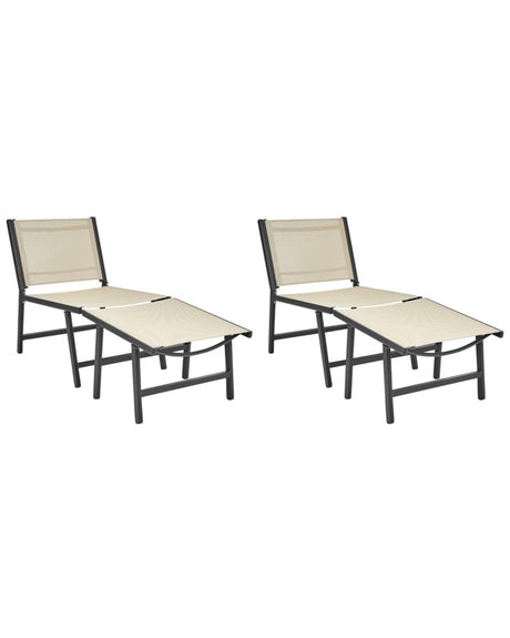 Set of 2 Garden Chairs Beige and Black Textilene Seat Backrest Metal Frame with Footrests Modern Outdoor Patio Design Beliani