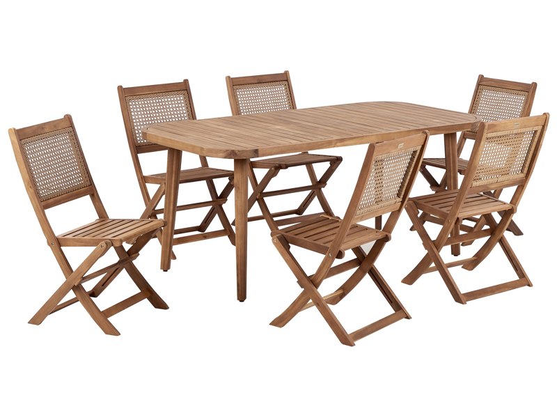 Garden Dining Set Light Certified Acacia Wood Table 180 x 90 cm 6 Outdoor Folding Chairs Rustic Style Beliani