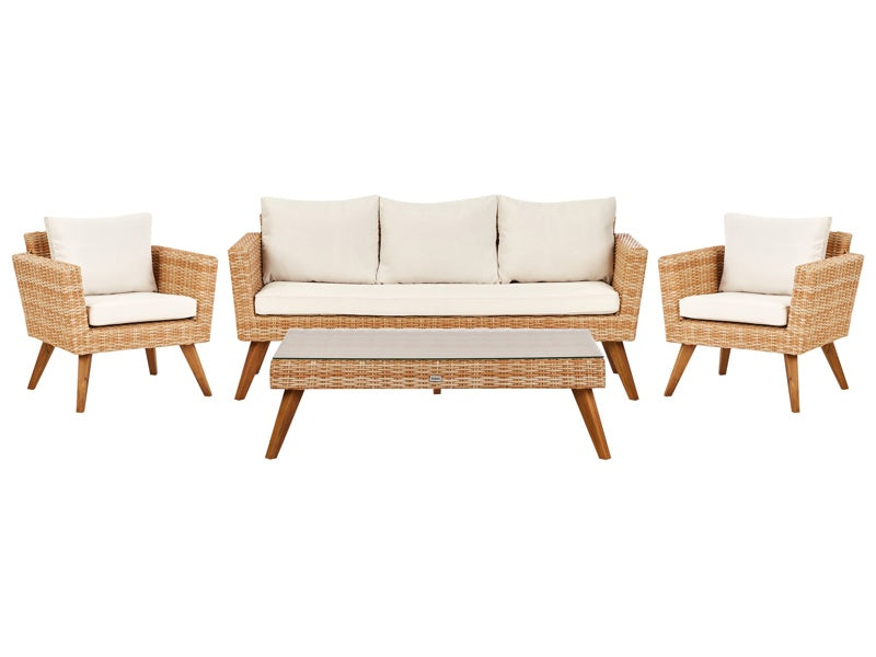 Patio Set Light PE Rattan 3 Seater 2 Chairs Off-White Cushions Coffee Table Outdoor Country Beliani