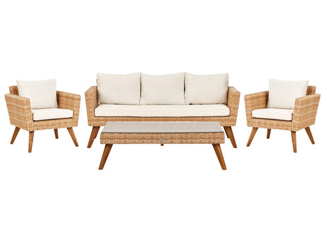 Patio Set Light PE Rattan 3 Seater 2 Chairs Off-White Cushions Coffee Table Outdoor Country Beliani