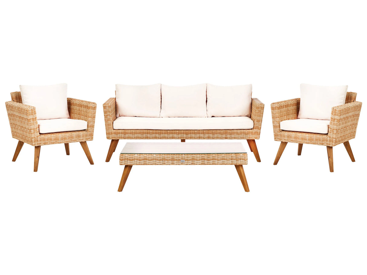 Patio Set Light PE Rattan 3 Seater 2 Chairs Off-White Cushions Coffee Table Outdoor Country Beliani