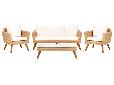 Patio Set Light PE Rattan 3 Seater 2 Chairs Off-White Cushions Coffee Table Outdoor Country Beliani