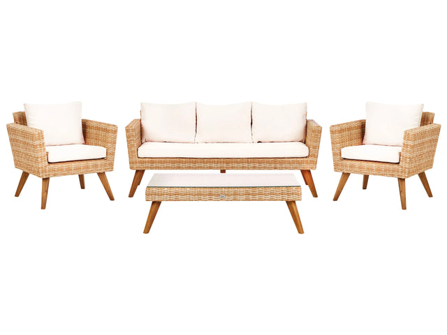 Patio Set Light PE Rattan 3 Seater 2 Chairs Off-White Cushions Coffee Table Outdoor Country Beliani