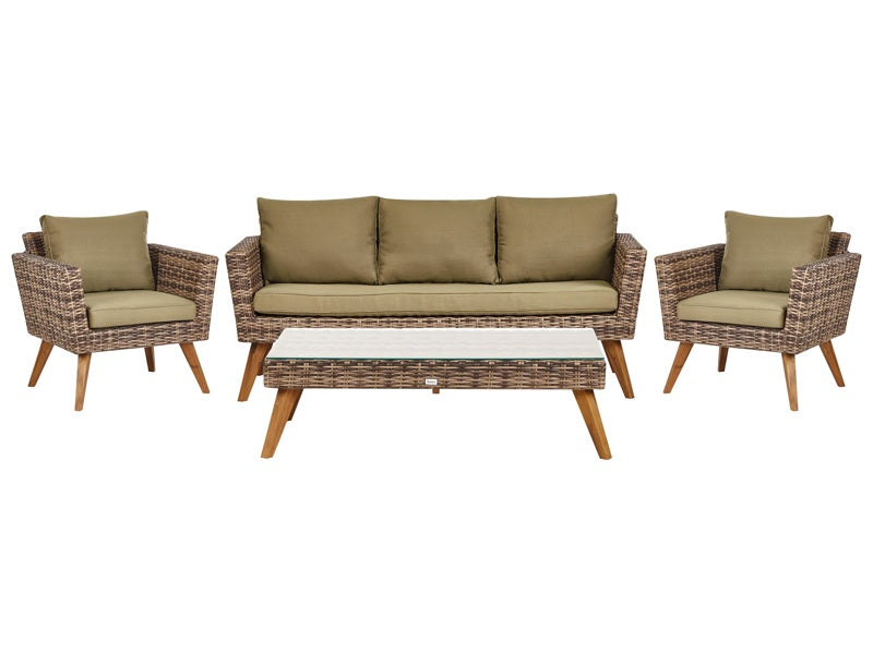 Patio Set Dark PE Rattan 3 Seater 2 Chairs Olive Green Cushions Coffee Table Outdoor Country Beliani