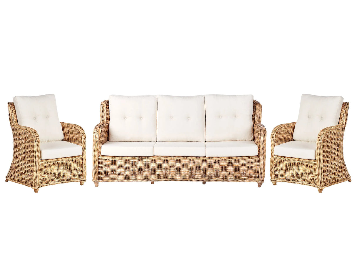 Garden Conversation Set Natural with White Cushions Rattan Outdoor 3 Seater Sofa 2 Armchairs Beliani