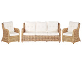 Garden Conversation Set Natural with White Cushions Rattan Outdoor 3 Seater Sofa 2 Armchairs Beliani