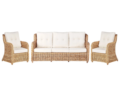 Garden Conversation Set Natural with White Cushions Rattan Outdoor 3 Seater Sofa 2 Armchairs Beliani