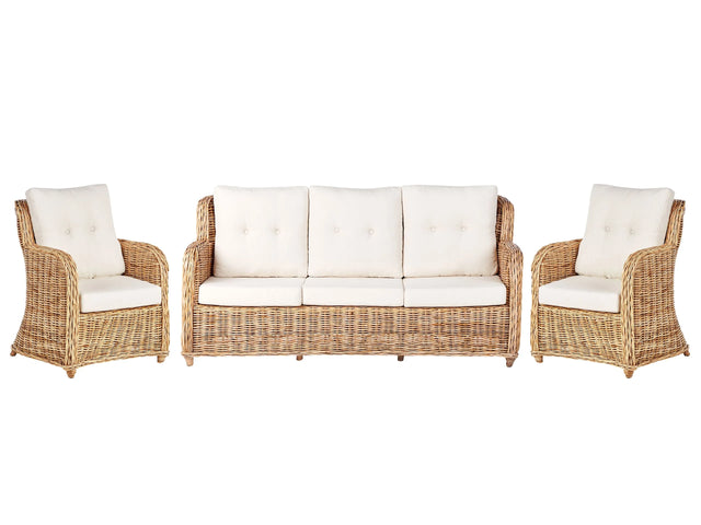 Garden Conversation Set Natural with White Cushions Rattan Outdoor 3 Seater Sofa 2 Armchairs Beliani