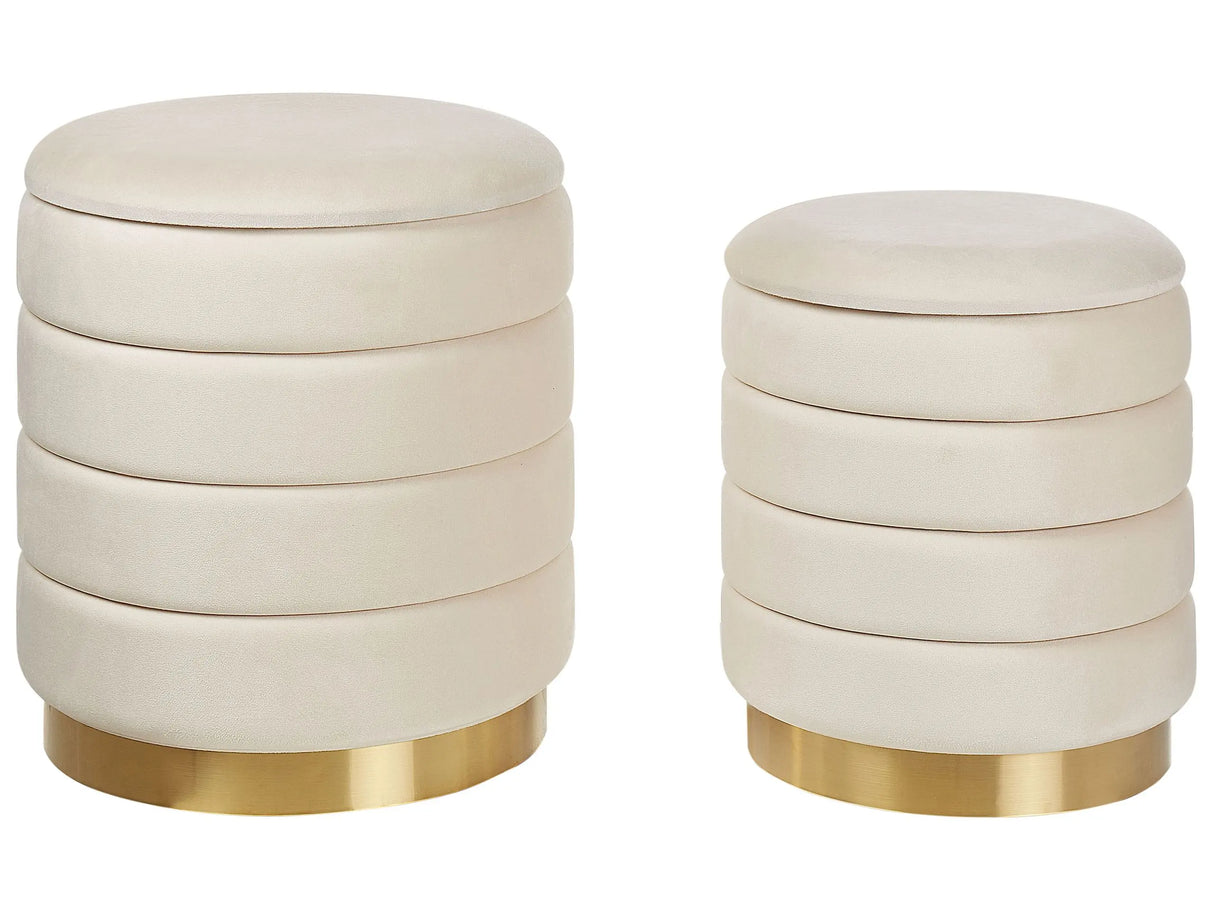 Set of 2 Storage Pouffes with Storage Light Beige Polyester Velvet Upholstery Gold Stainless Steel Base Modern Design Beliani