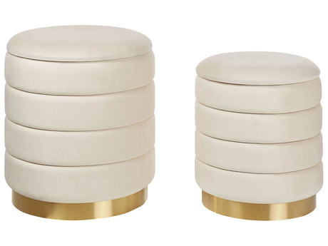 Set of 2 Storage Pouffes with Storage Light Beige Polyester Velvet Upholstery Gold Stainless Steel Base Modern Design Beliani