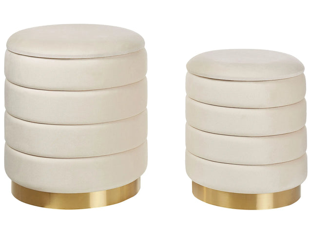 Set of 2 Storage Pouffes with Storage Light Beige Polyester Velvet Upholstery Gold Stainless Steel Base Modern Design Beliani