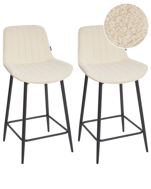 Set of 2 Bar Chairs Light Beige Armless Boucle Black Steel Leg Modern Design Dining Room Seating Beliani