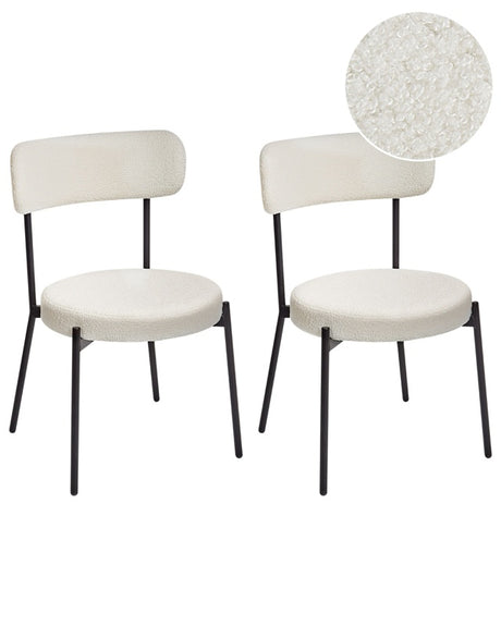 Set of 2 Dining Room Chairs White Boucle Black Steel Legs Modern Design Dining Room Seating Beliani