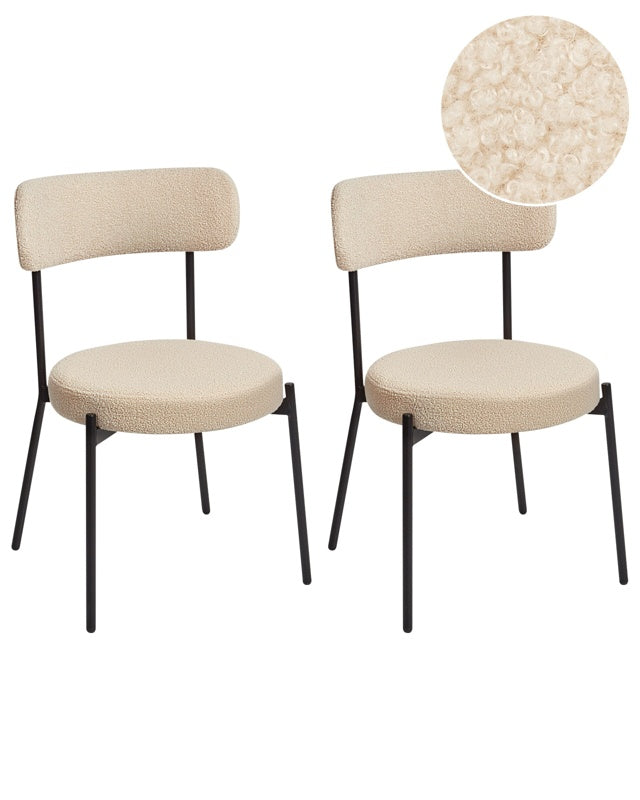 Set of 2 Dining Room Chairs Light Beige Boucle Black Steel Legs Modern Design Dining Room Seating Beliani