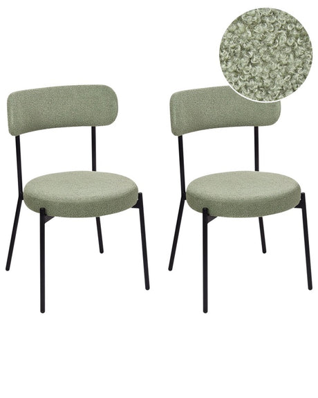 Set of 2 Dining Room Chairs Light Green Boucle Black Steel Legs Modern Design Dining Room Seating Beliani