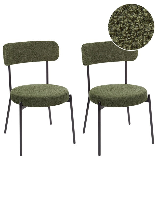 Set of 2 Dining Room Chairs Dark Green Boucle Black Steel Legs Modern Design Dining Room Seating Beliani