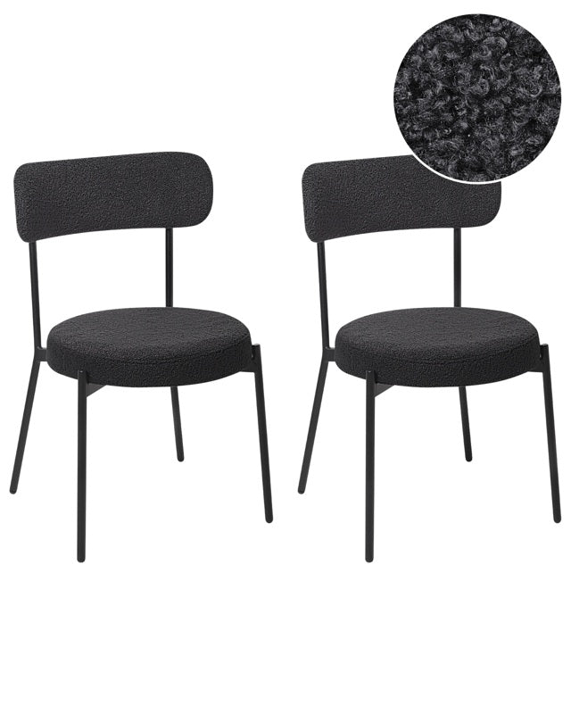 Set of 2 Dining Room Chairs Black Boucle Black Steel Legs Modern Design Dining Room Seating Beliani