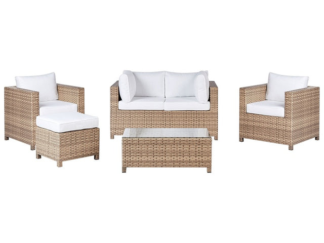 5 Piece Garden Sofa Set Beige w/ Off-White Cushions 4 People Loveseat Armchairs Coffee Table Ottoman Conservatory Patio Beliani