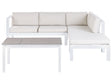 5 Seater Garden Sofa Set White Metal Frame Off-White Cushions Glass Top Table Modern Scandinavian Outdoor Conversation Set Beliani