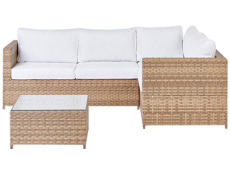 Garden Corner Sofa Set Light Wood Rattan with Off-White Cushions Square Table Outdoor Wicker Conversation Set Beliani