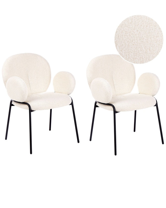 Set of 2 Dining Chairs White Boucle Upholstery Rounded Seat Retro Beliani