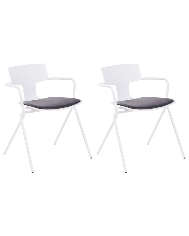 Set of 2 Dining Chairs White and Black Plastic Seat Black PU Cushion Metal Legs Chairs Beliani